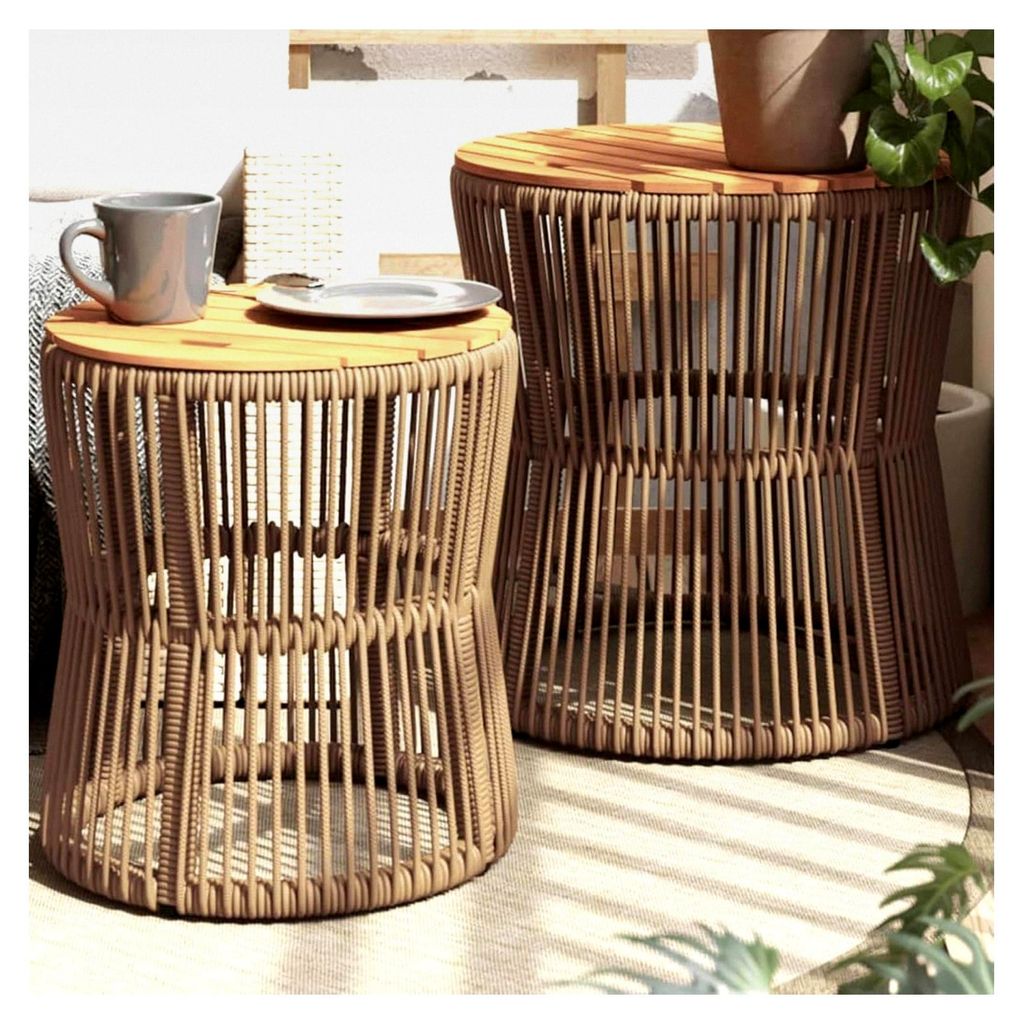 Garten-Beistelltische 2 Stück mit Holzplatte Beige Poly Rattan