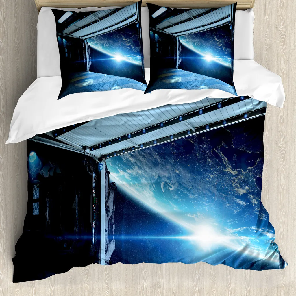 ABAKUHAUS Set copripiumino per letti matrimoniali, Stelle Viaggio galattico, Antiacaro Adatto a chi soffre di allergie con federe, Verde Blu