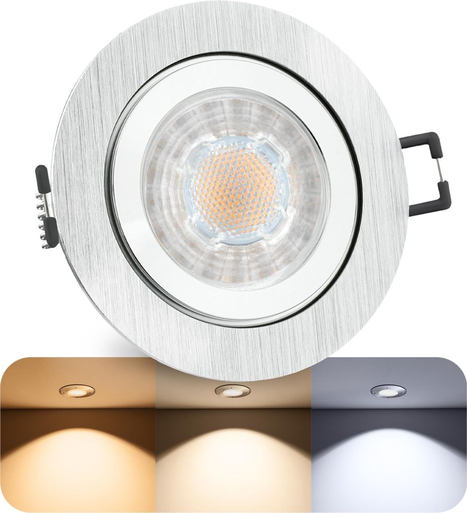 SSC-LUXon RW-2 Einbauspot LED rund Lampe für Bad & Aussen in Alu gebürstet - inkl. tauschbarem GU10 LED LumiFLEX 5W drei Lichtfarben - Spot für ...