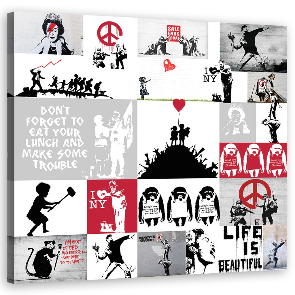 Leinwandbild Banksy-Straßenkunst-Graffiticollage 30x30 Feeby Grau bild für die wand bereit zum aufhängen