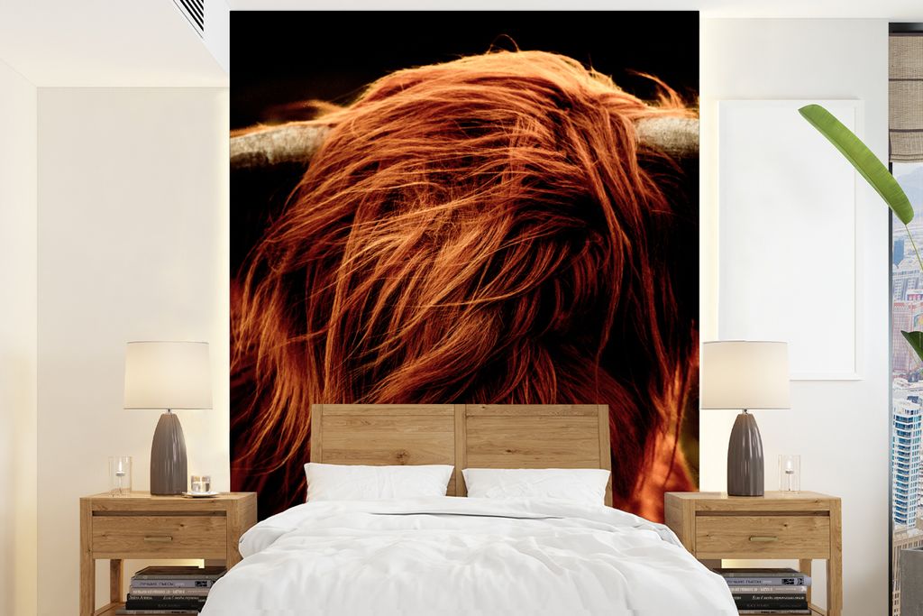 MuchoWow Fototapete für Wohnzimmer oder Schlafzimmer Wandtapete Vinyl Motivtapete Schottischer Highlander - Kuh - Hörner - Porträt - Tiere - 1...