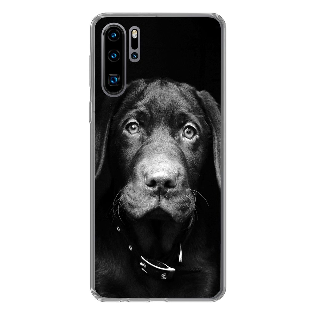 MuchoWow Handyhülle Schutzhülle Hülle für Huawei P30 Pro Nahaufnahme Labrador Welpe vor schwarzem Hintergrund in schwarz und weiß Silikon So...