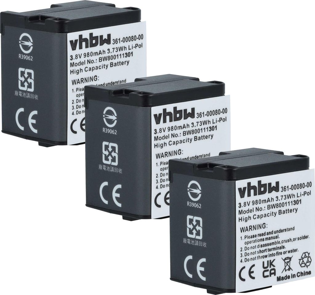vhbw 3x Akku kompatibel mit Garmin Virb X, X compact, XE Videokamera Camcorder (980 mAh, 3,8 V, Li-Polymer)