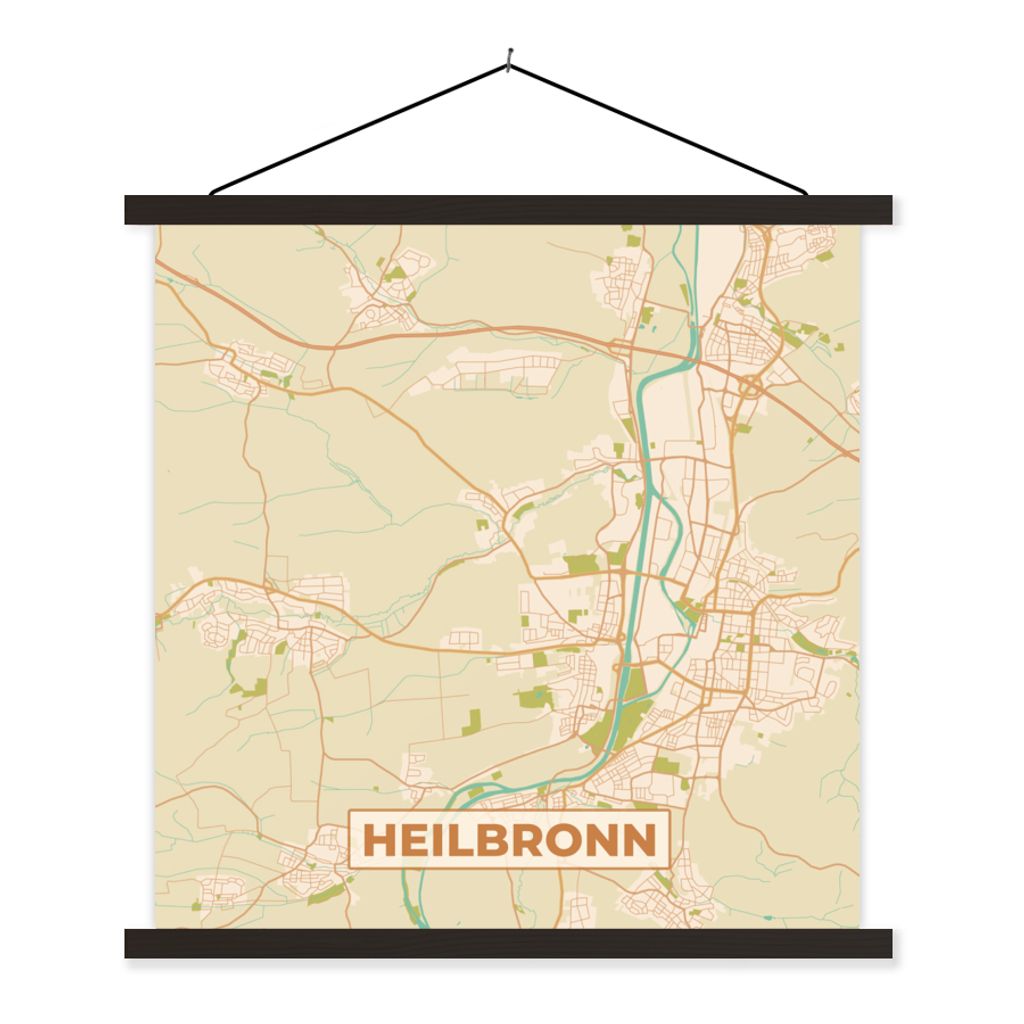 MuchoWow Textilposter Stadtplan - Heilbronn - Karte 60x60 cm mit schwarzem Rahmen - Posteraufhänger