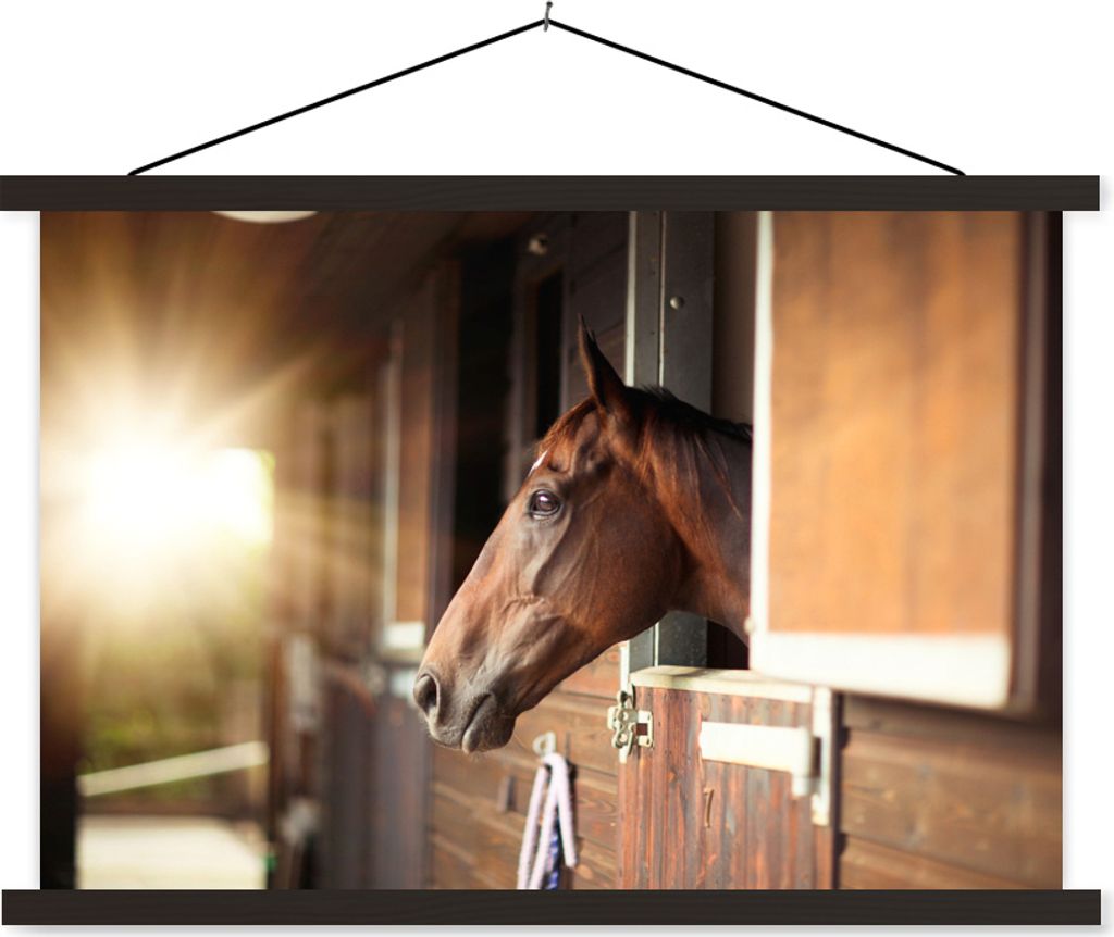 MuchoWow Textilposter Pferd - Stall - Sonne 60x40 cm mit schwarzem Rahmen - Hölzernes