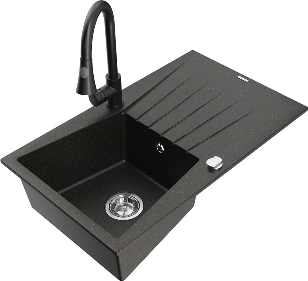Mexen Cesar 1 Becken-Granitspüle mit Abtropffläche und Mischbatterie Elia, Schwarz/Gold metallisch - 6514-75-670101-70