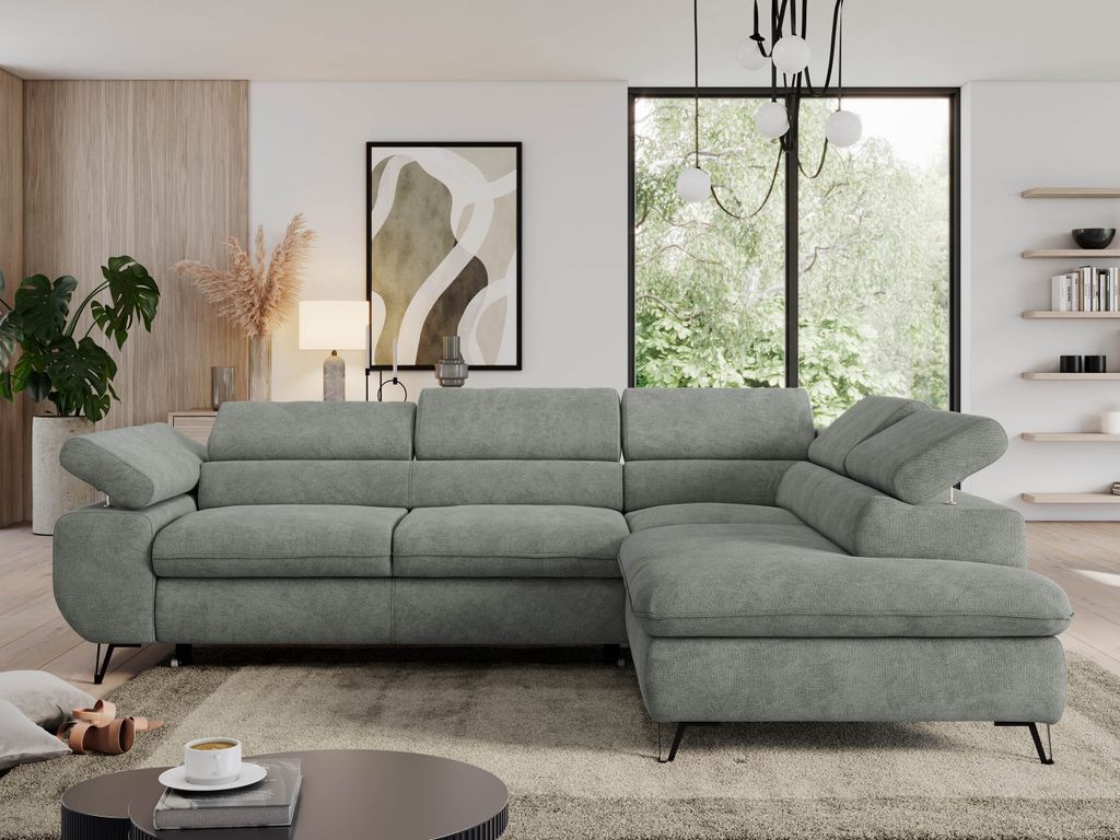 Couch, L-förmig ecksofa, mit Schlaffunktion und Verstellbare Kopfstützen, Bettkasten - PEDRO L - Struktur - Grau - Rechts