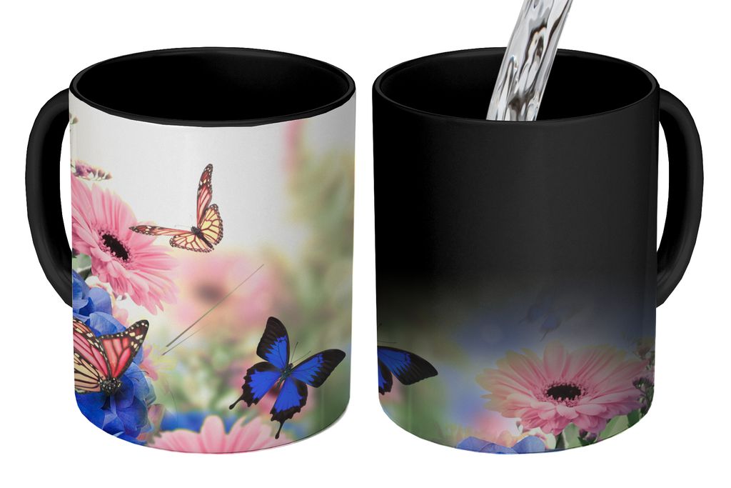 KitchenYeah Zauber Tasse Zaubertasse Magic Schmetterlinge - Blumen - Hortensien - Insekten 350 ml Farbwechsel Becher Geschenk Geschenkidee - Magi...