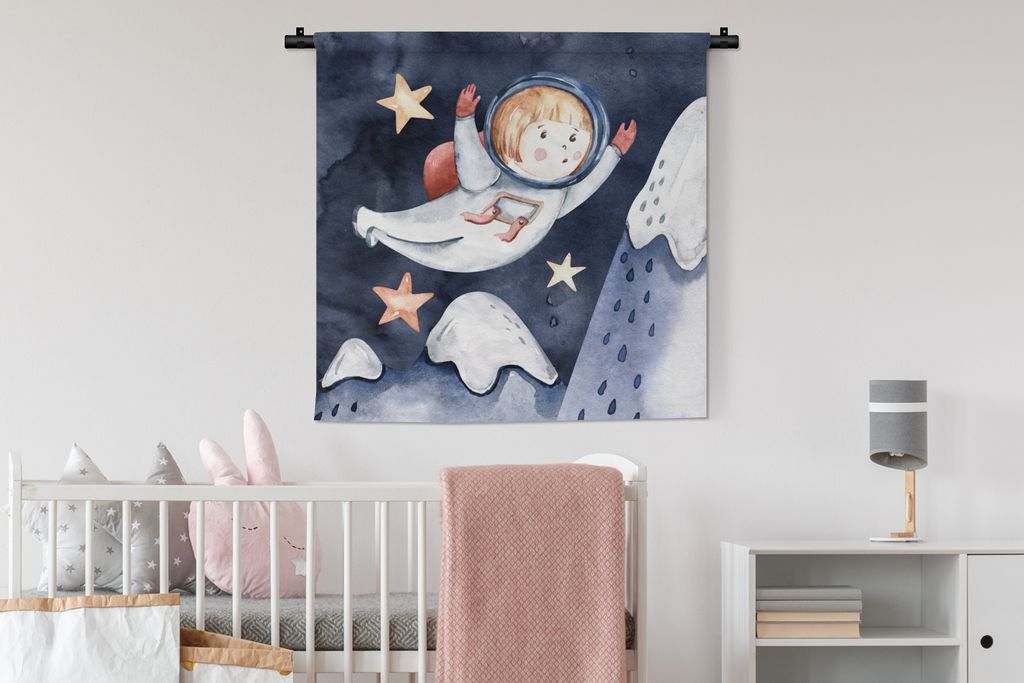 MuchoWow Wandteppich Wandbehang Weltraum - Berg - Sterne - Junge - Mädchen - Kinder 90x90 cm Tapisserie Dekoration Wandtuch - Wandaufhänger