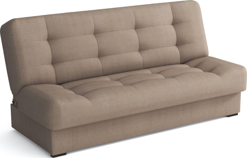 A beige sofa bed is shown against a white background.