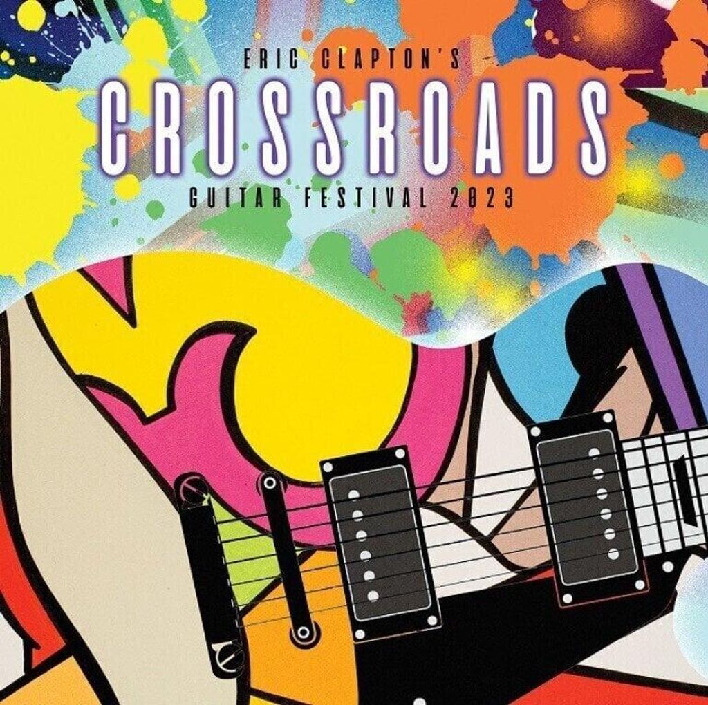 A colorful, abstract graphic featuring a guitar and text advertising the Eric Clapton Crossroads Guitar Festival 2023.