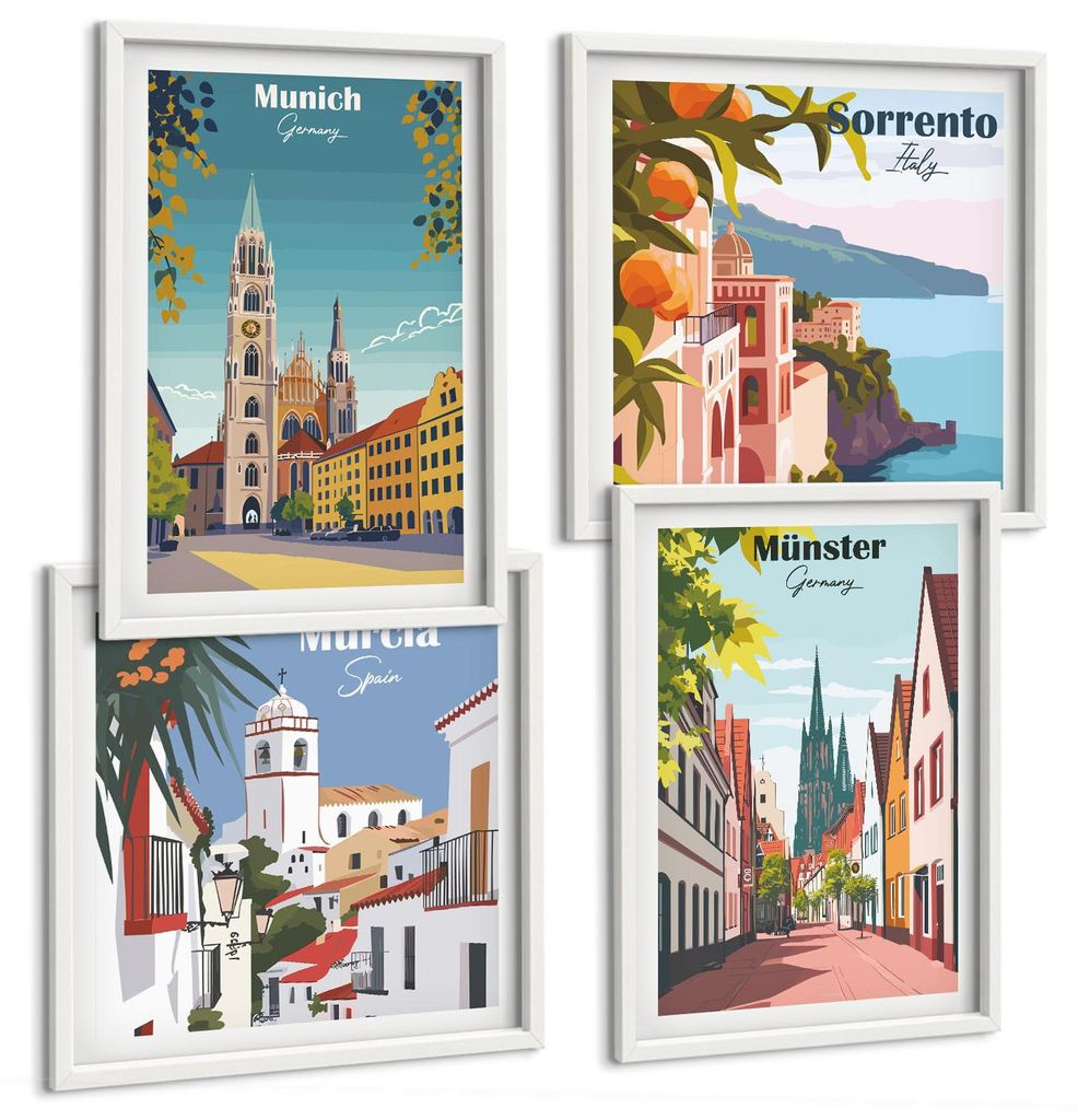Bilder Set 4-teilig im weißen Rahmen – Wandbilder 4 Stück – gerahmte Poster für Wohnzimmer, Schlafzimmer und Flur – 50x50 cm - 40x60 cm ...