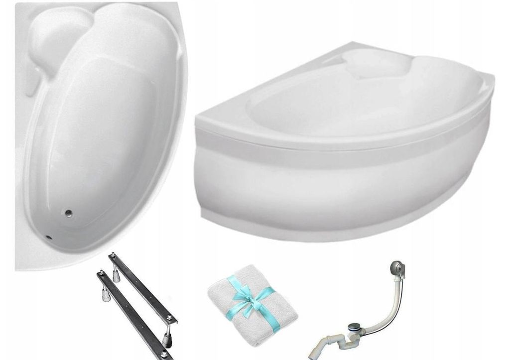 Aqua For You | Besco Eckbadewanne Finezja Nova - 155x95 Cm - Antibakterielle Beschichtung - mit Verkleidung - mit Siphon - mit Beinen