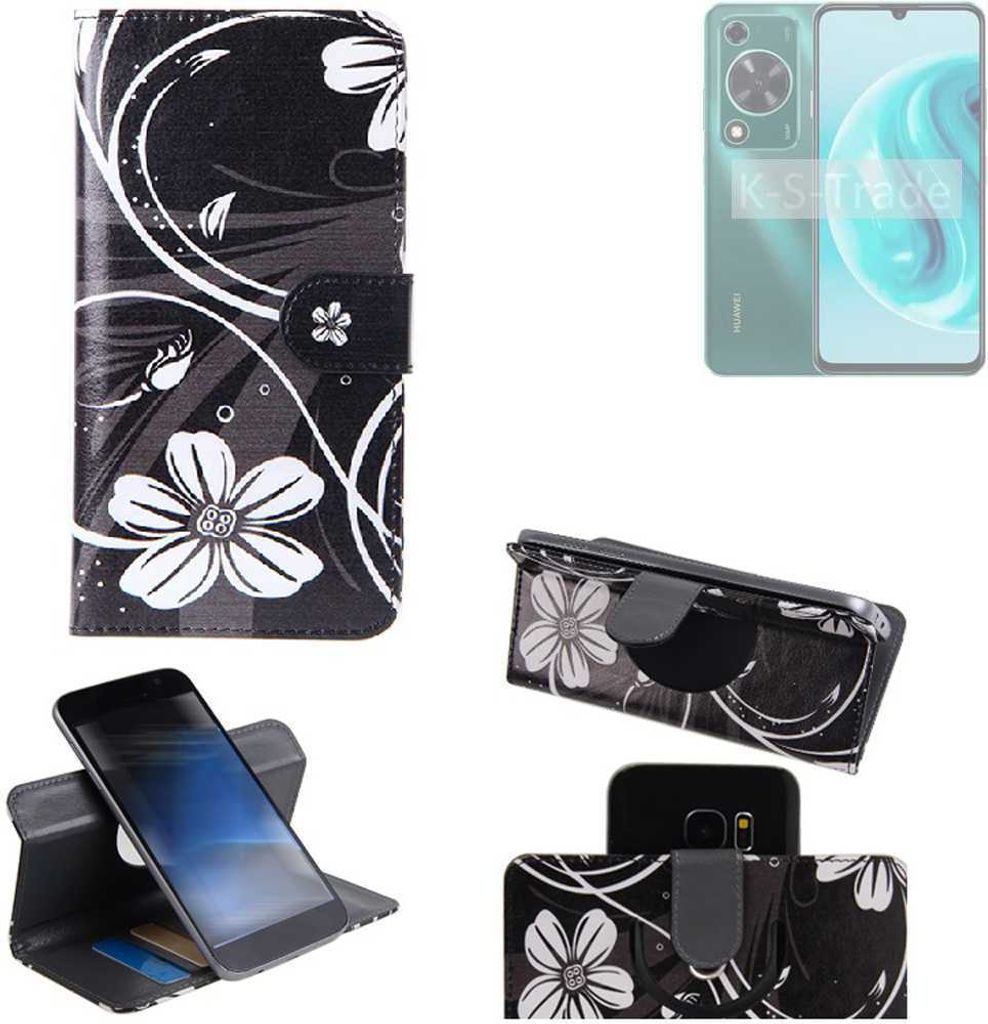 K-S-Trade Schutzhülle Handyhülle kompatibel mit Huawei nova Y72 Hülle 360° Wallet Case “Flowers“ Klapphülle Hülle schwarz-weiß 1x