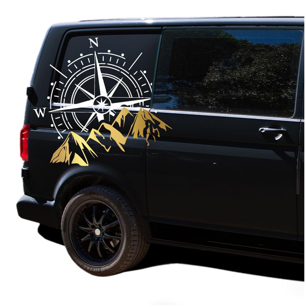 Auto Aufkleber Set „Kompass & Berge“ 60x56 cm – Outdoor Berg Motiv Fahrzeug Sticker Wetterfest - KX072-01 Kompass Weiß + KX073-01 Berge Gold