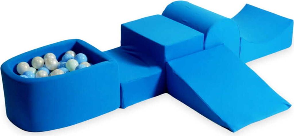 Schaumstoff-Spielset mit Hügel und Mikro-Bällepool – blau mit Bällebadbällen 100 Stück / Hellblau, Hellmint, Perlmutt, Meerjungfraueneffekt