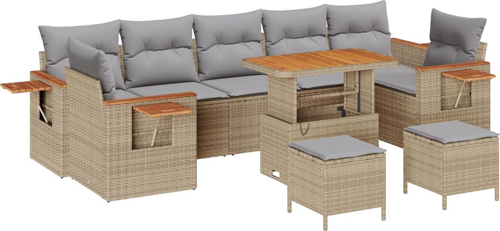 Möbel 10-teiliges Garten-Sofa-Set mit Kissen Beige Poly-Rattan Akazie, 3-teiliges Garten-Dining-Set mit Kissen Beige Poly-Rattan Akazie - Gartenso...