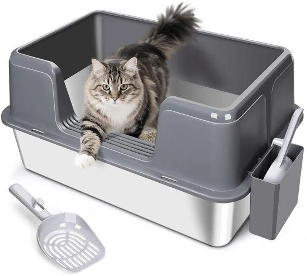 Bac à Litière XXL pour Grand Chat en Inox Gris Haute Résistance
