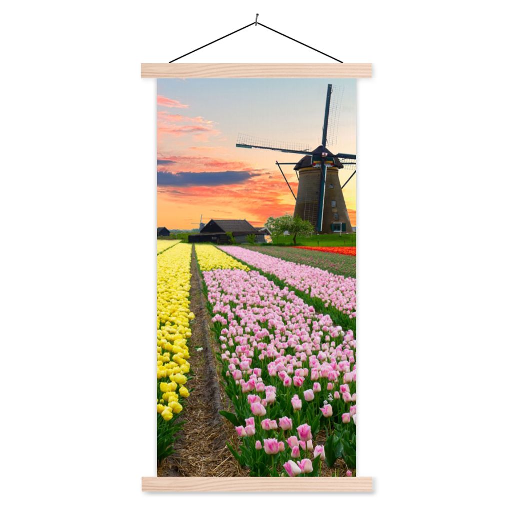 MuchoWow Textilposter Windmühle - Tulpen - Blumen - Niederlande 60x120 cm mit holzfarbenen Rahmen - Holz