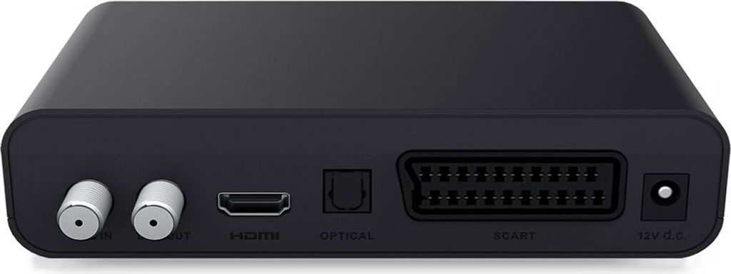 The back panel of a black satellite receiver is shown against a white background.