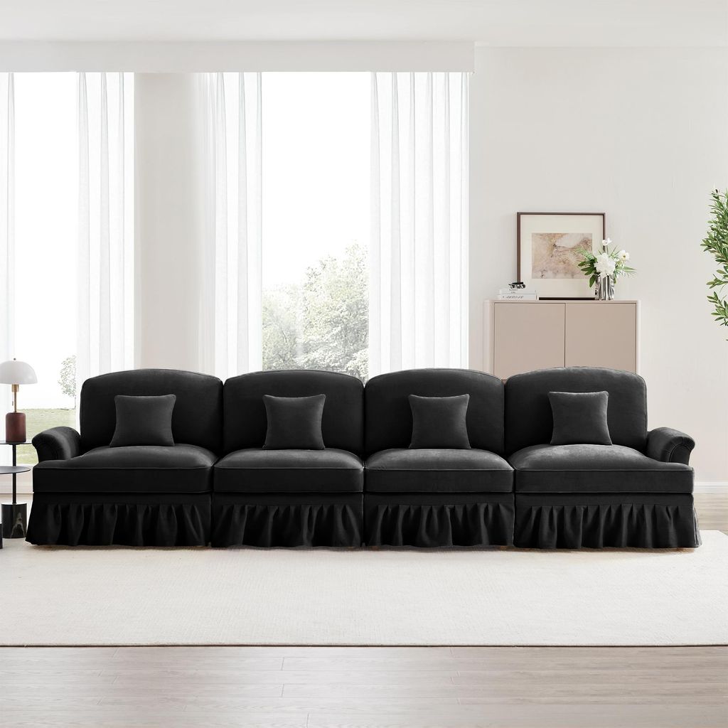 Sweiko Elegantes großes 4-Sitzer Sofa im Mid-Century-Stil aus Chenille mit Trichter-Armlehnen, abnehmbarer Rüschenschürze & spindelförmigen Bei...