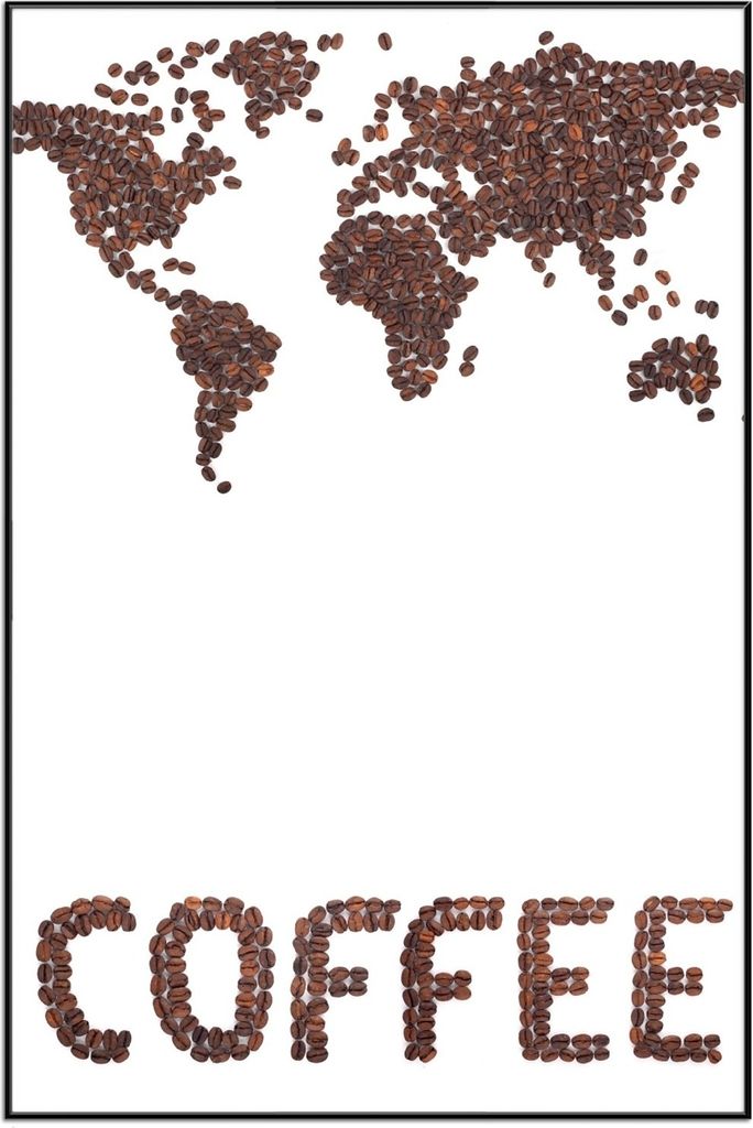 Wallario Wandbild Weltkarte mit Schriftzug aus Kaffeebohnen, Größe: 61 x 91,50 cm, Poster mit schwarzem Aluminiumrahmen