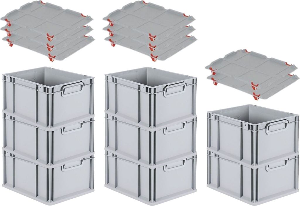 SuperSparSet 8x Eurobox NextGen Grip mit Auflagedeckel inkl. 4 roten Schiebeschnappverschlüssen | HxBxT 22x30x40cm | 20 Liter | Griffe geschlossen...