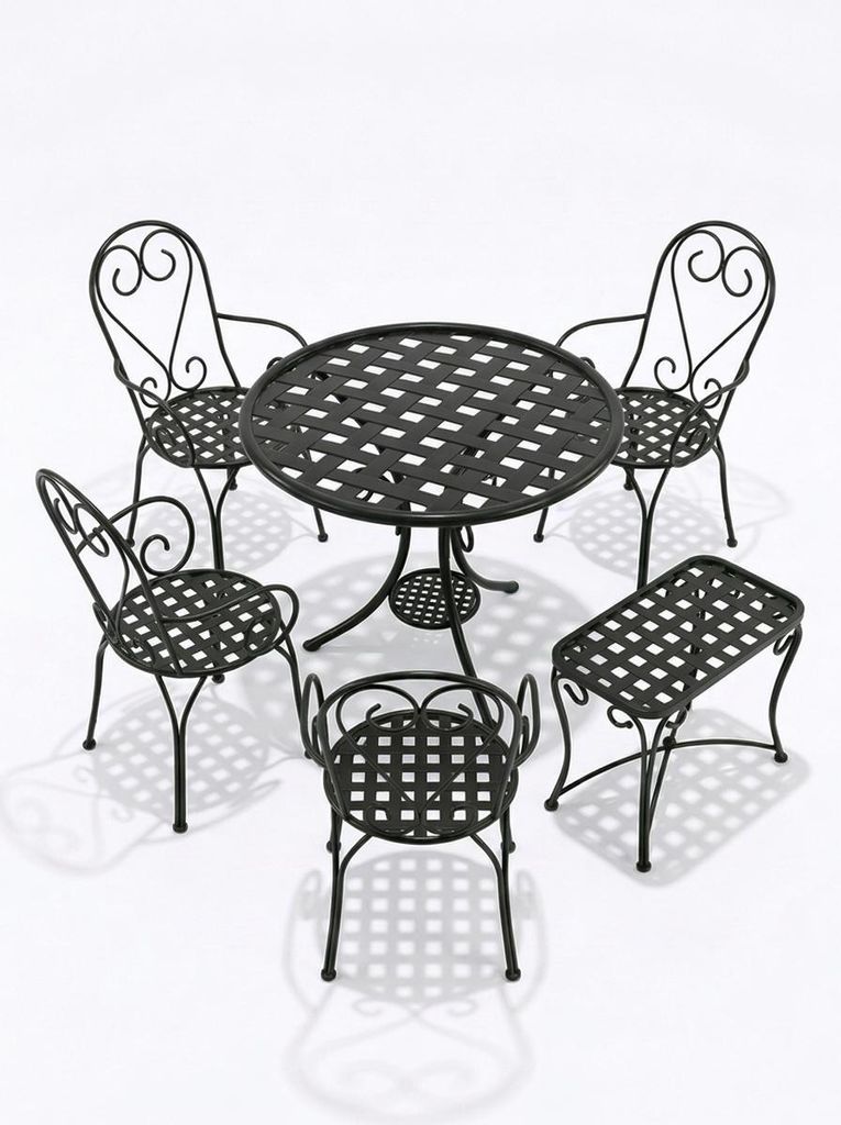 Bistro-Set Metall 6-teilig, 4 Stühle mit Armlehnen, runder Tisch und rechteckiger Beistelltisch, handgefertigtes Schmiededesign, schwarz, für Gar...