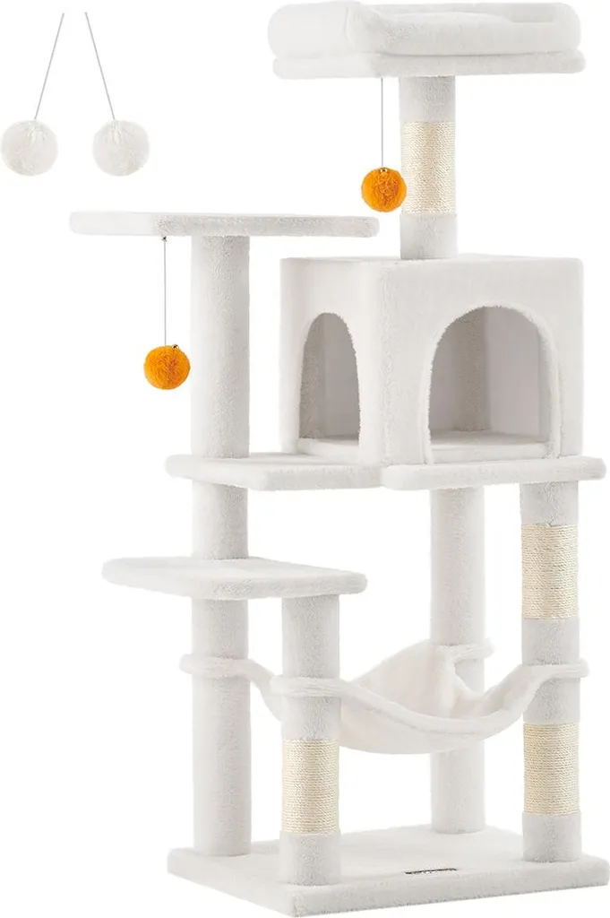 Arbre à chat stable blanc crème : stop aux griffes sur le canapé