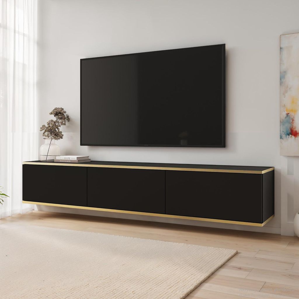 Banff TV175 - TV-Schrank, schwarze glatte Front, Eiche artisan, Breite 175 cm, Höhe 30 cm, Tiefe 32 cm