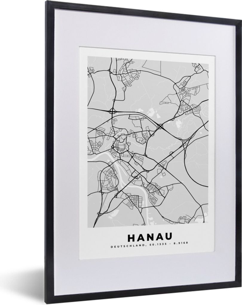 MuchoWow Gerahmtes Poster Hanau - Karte - Stadtplan - Deutschland - Karte 30x40 cm - Poster mit Schwarzem Bilderrahmen Wandposter Rahmen Foto Bil...