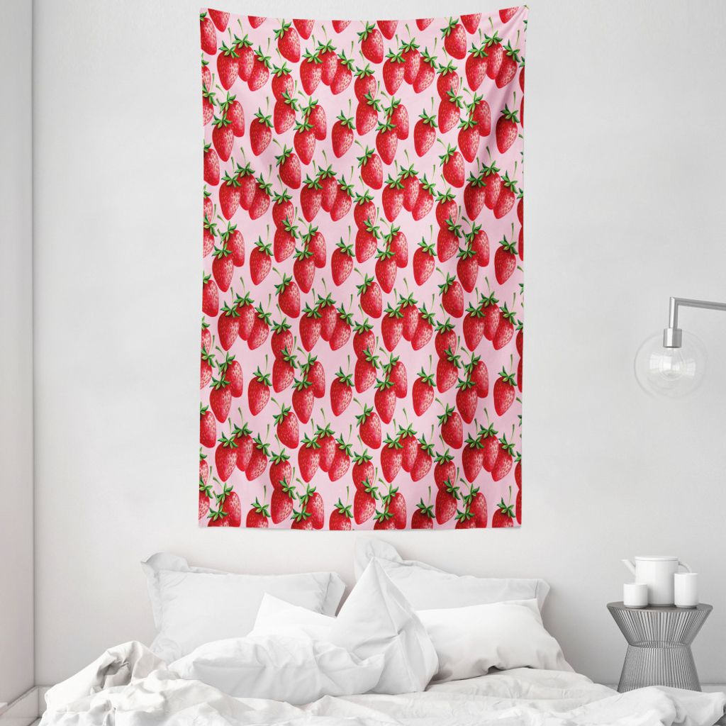 ABAKUHAUS rot Wandteppich und Tagesdecke, Saftige Erdbeeren Obst aus Weiches Mikrofaser Stoff Waschbar ohne Verblassen Digitaldruck, 140 x 230 cm, ...