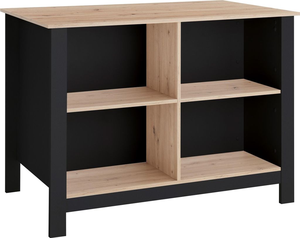 Kochinsel >Sugar< 4 Fächer, Schwarz / Artisan Eiche Nachbildung - 124x90x75 (BxHxT)