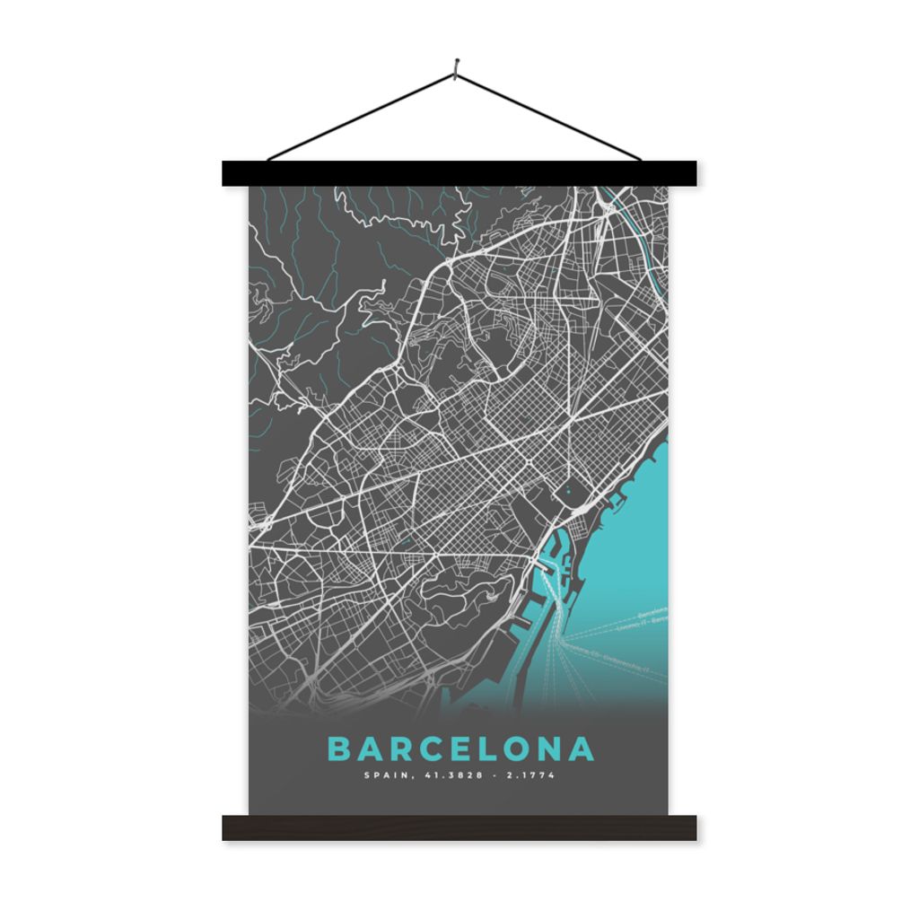 MuchoWow Textilposter Barcelona - Blau - Karte - Stadtplan 120x180 cm mit schwarzem Rahmen - Fotos