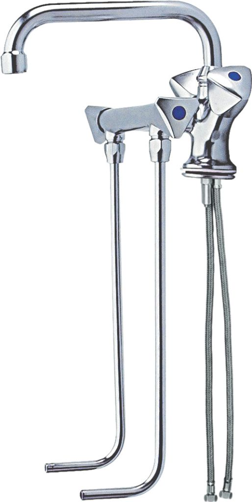 A chrome-plated kitchen faucet with two separate water outlets and flexible hoses.