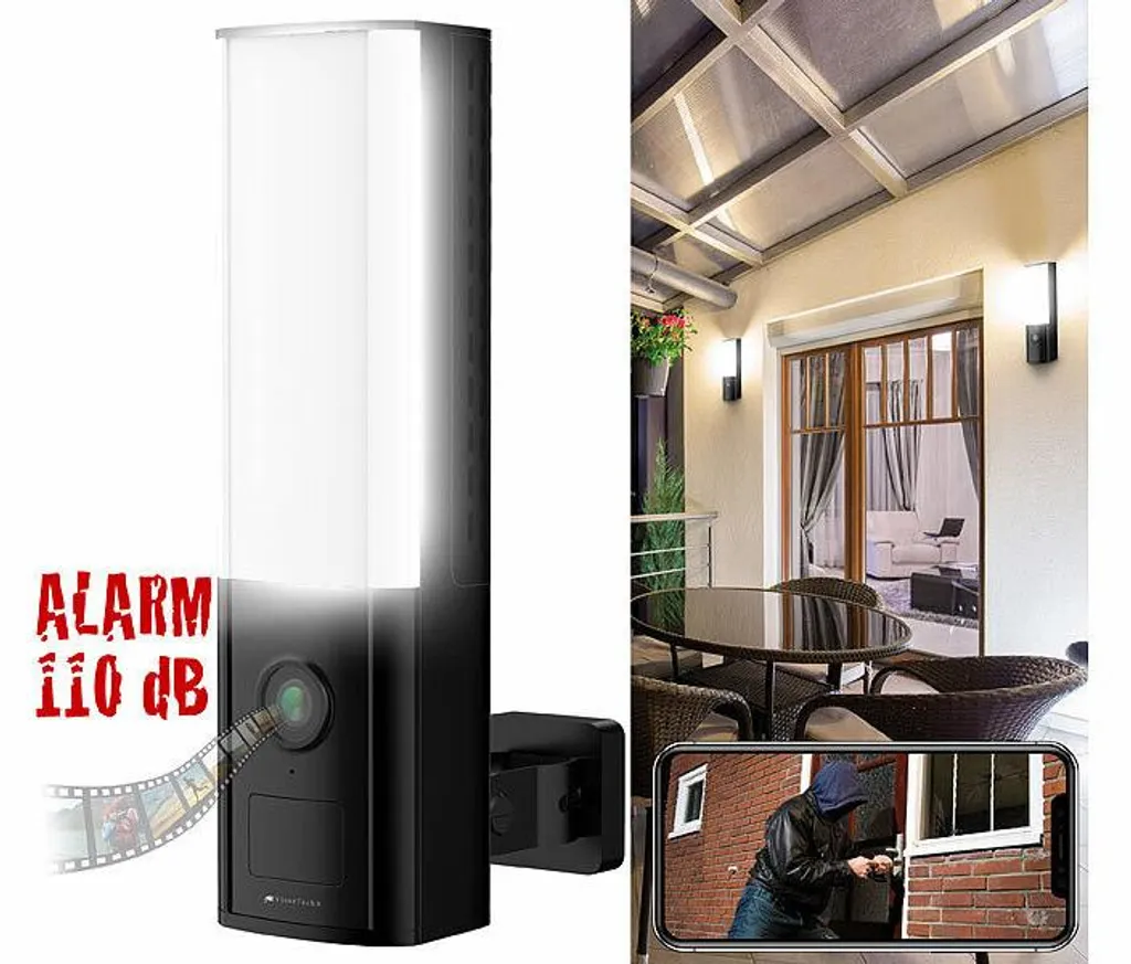 Applique murale LED extérieur avec caméra IP 2K secteur noire - Vigilance
