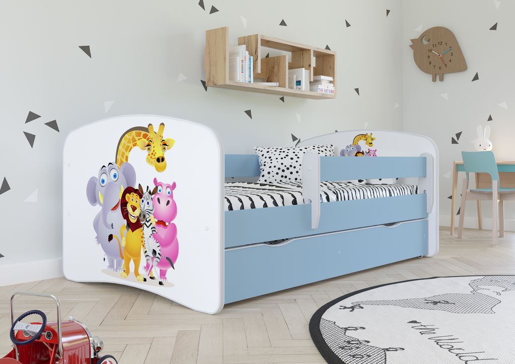 Kinderbett Jugendbett 80x180 cm Blau mit Matratze Rausfallschutz Schublade und Lattenrost Kinderbetten für Mädchen und Junge - Zoo