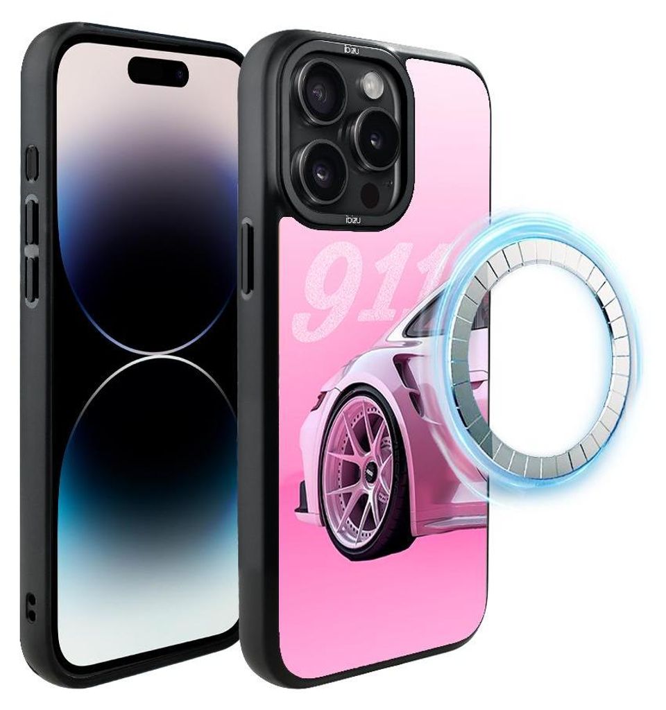 Schutzhülle für das iPhone 14 Pro Max, MagSafe-kompatibel, mattschwarze Seiten, Motiv mit rosa 911