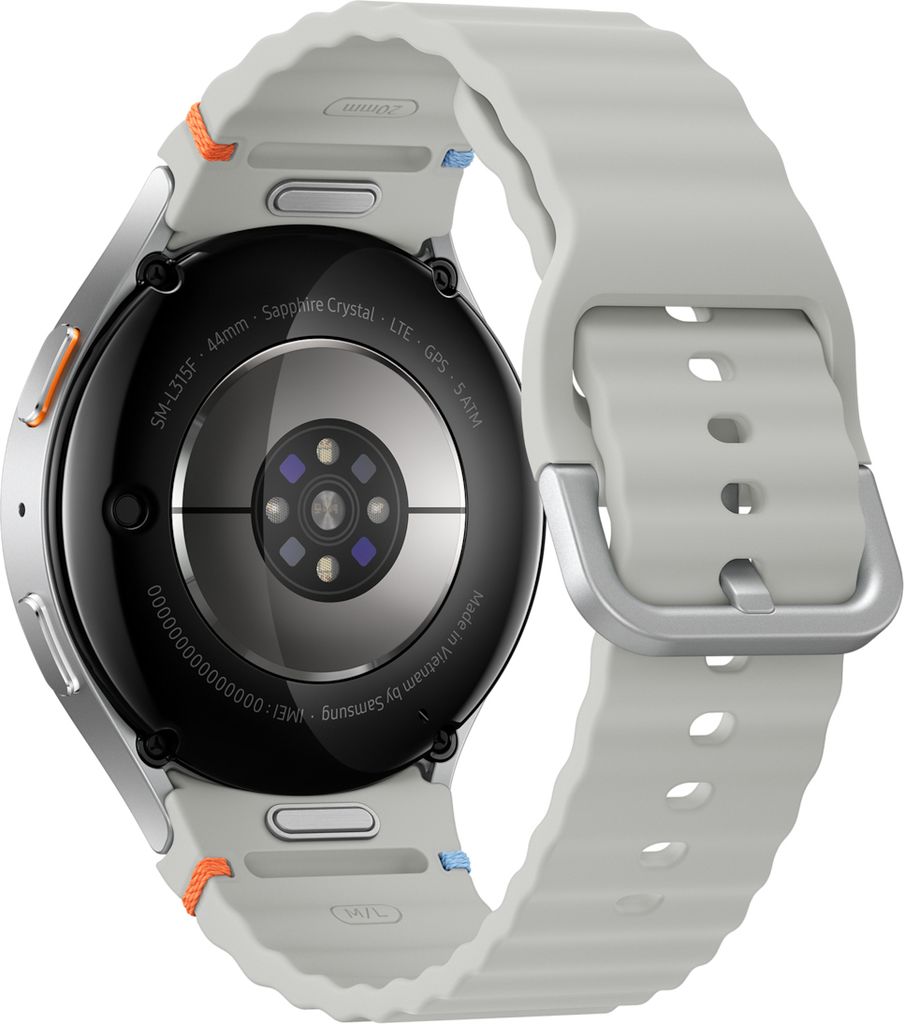 The back of a smartwatch with a light gray band.