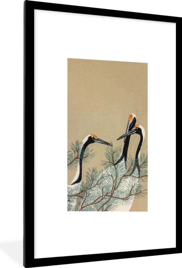 MuchoWow Gerahmtes Poster Japandi - Kranich - Blätter - Zweig 60x90 cm - Poster mit Schwarzem Bilderrahmen Wandposter Rahmen Foto Bilder - Dekor...