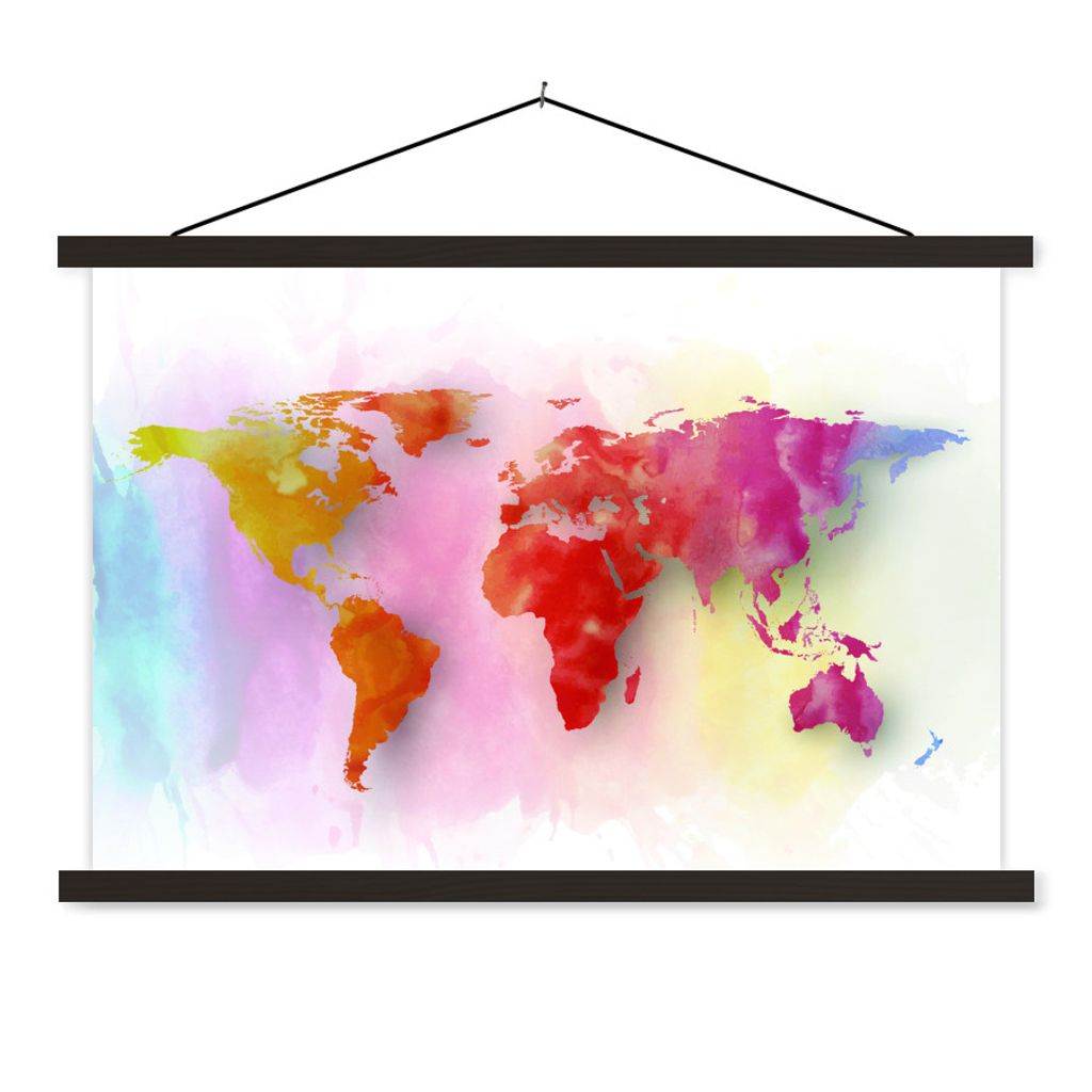 MuchoWow Textilposter Weltkarte - Aquarell - Regenbogen 150x100 cm mit schwarzem Rahmen - Schlafzimmer