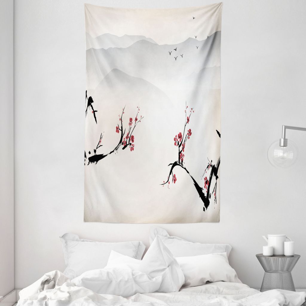 ABAKUHAUS Natur Wandteppich und Tagesdecke, Sakura Blume und Möwen aus Weiches Mikrofaser Stoff Waschbar ohne Verblassen Digitaldruck, 140 x 230 c...