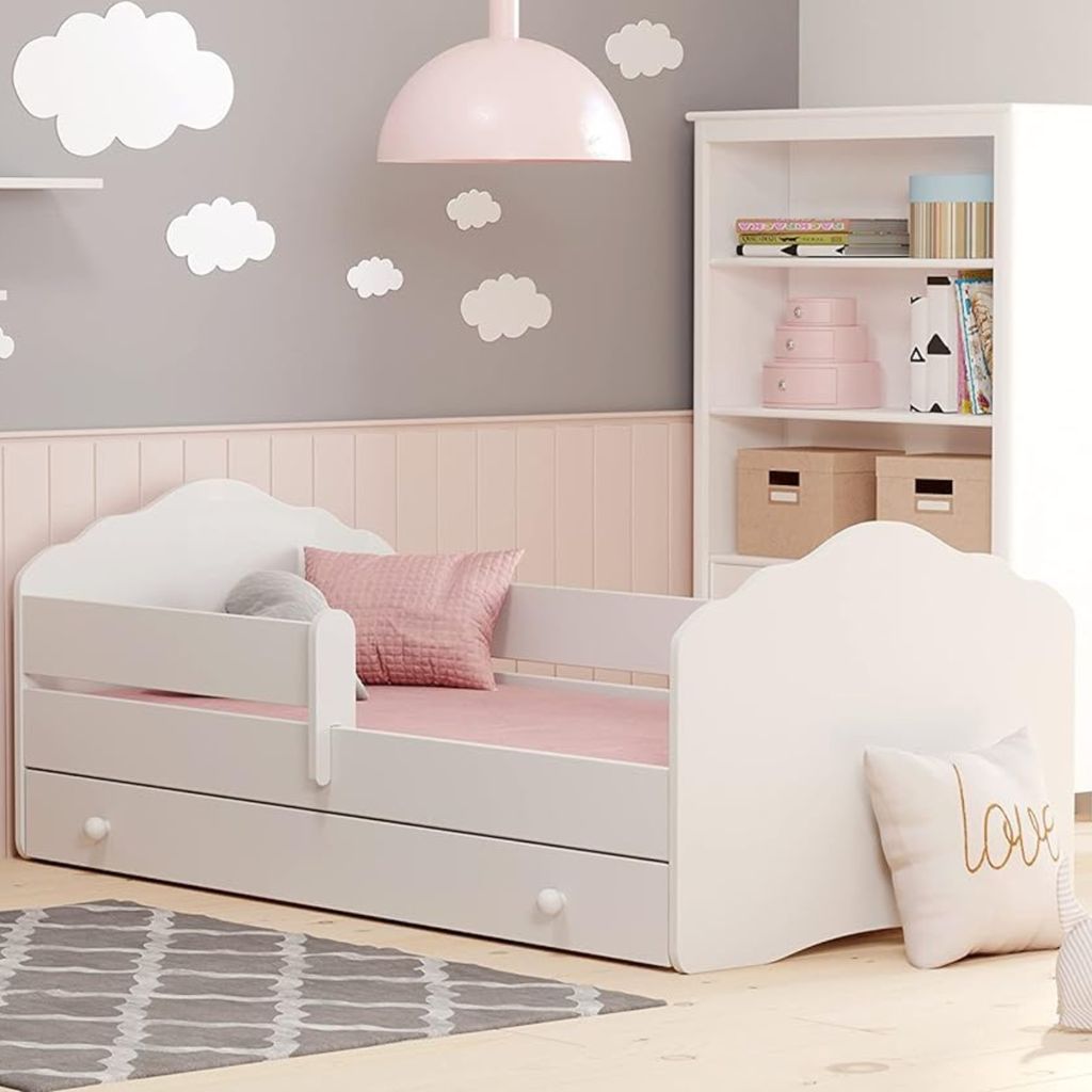 Kinderbett 70x140 | 80x160 cm mit Matratze und Schublade, Lattenrost & abnehmbarer Rausfallschutz Bett für Kinder Bett komplett Set Bed Rausfallsc...