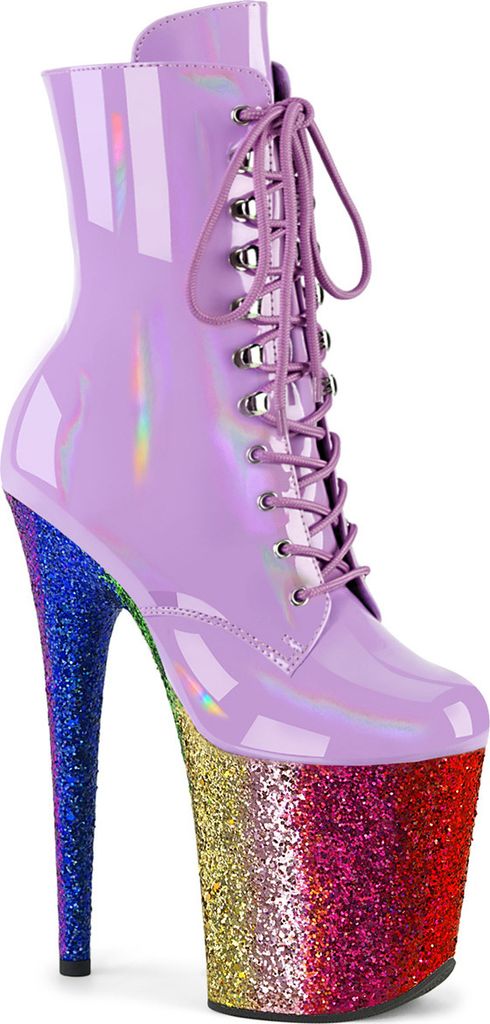 FLAMINGO-1020HG Pleaser Plateau-Stiefelette lavendel Holo Lack Regenbogen Glitzer