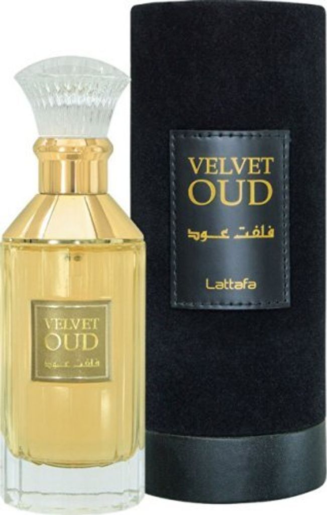 A bottle of Lattafa Velvet Oud Eau de Parfum and its cylindrical packaging.