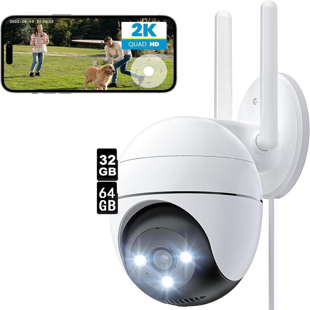 2K Überwachungskamera Aussen WLAN, PTZ Outdoor IP Kamera überwachung außen, WiFi Dome Camera mit Farbiger Nachsicht 32&64GB