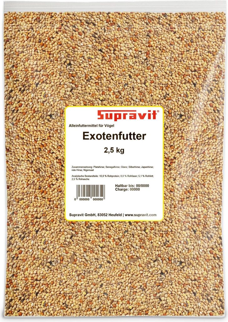 Supravit Exotenfutter 2,5kg | Hochwertiges Mischfutter für exotische Finken | Kräftigt das Federkleid & unterstützt die Paarungsbereitschaft