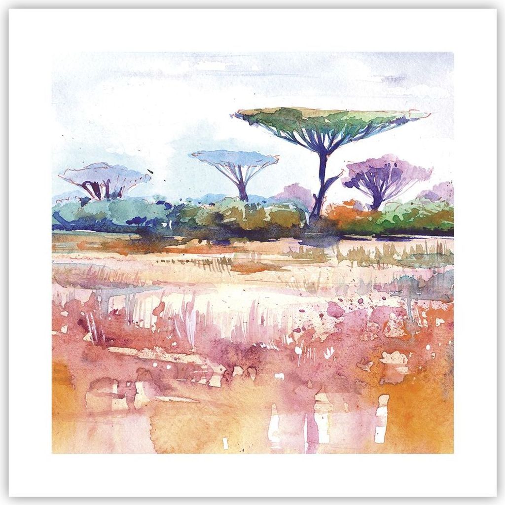 Poster - Poster ohne Rahmen - Aquarell Savanne Bäume - 40x40 cm - Wand Bild - Wanddeko - Wandbilder - Kunstposter - Wandposter - Bilder - Kunstdru...