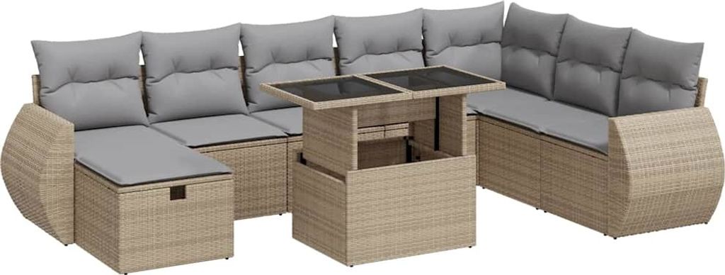 vidaXL 9-tlg. Garten-Sofagarnitur mit Kissen Beige Poly Rattan