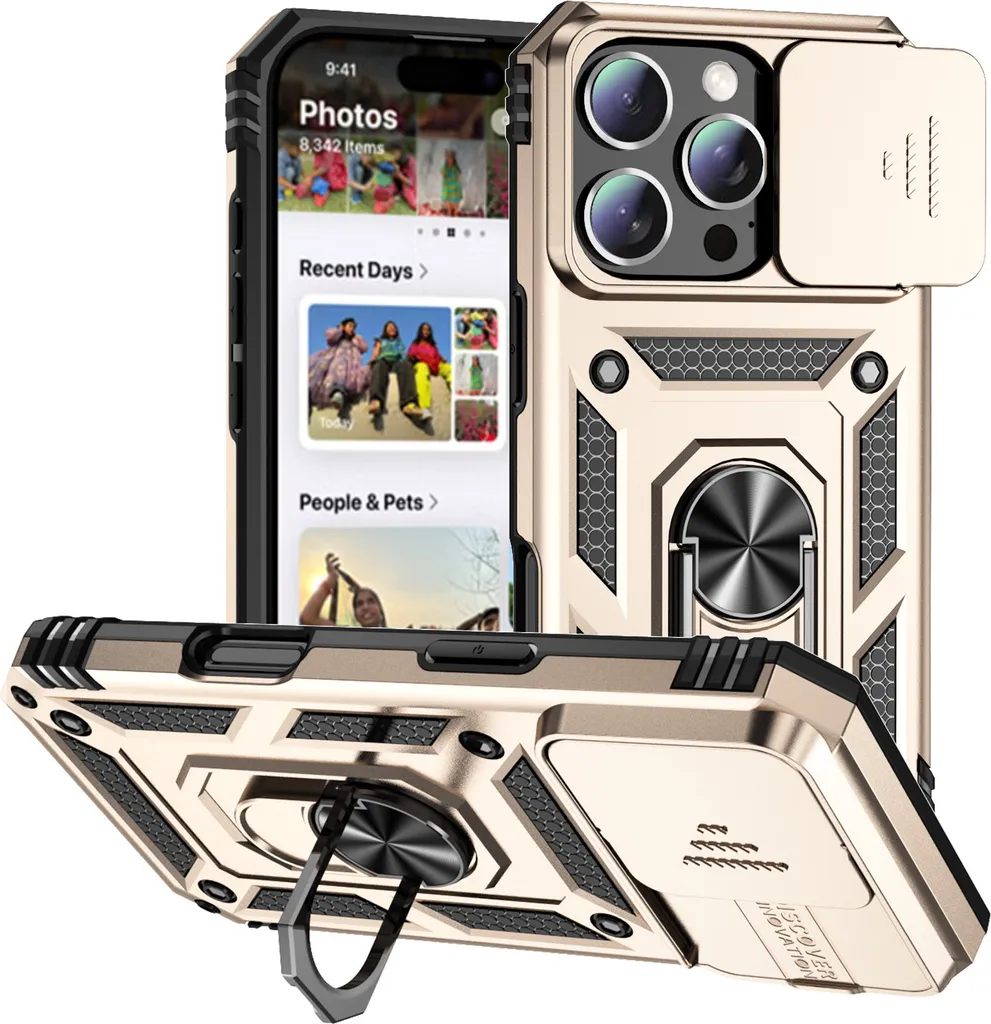 Migliore Cover iPhone 16 Pro Oro con Supporto Anello e Slide Camera - 1